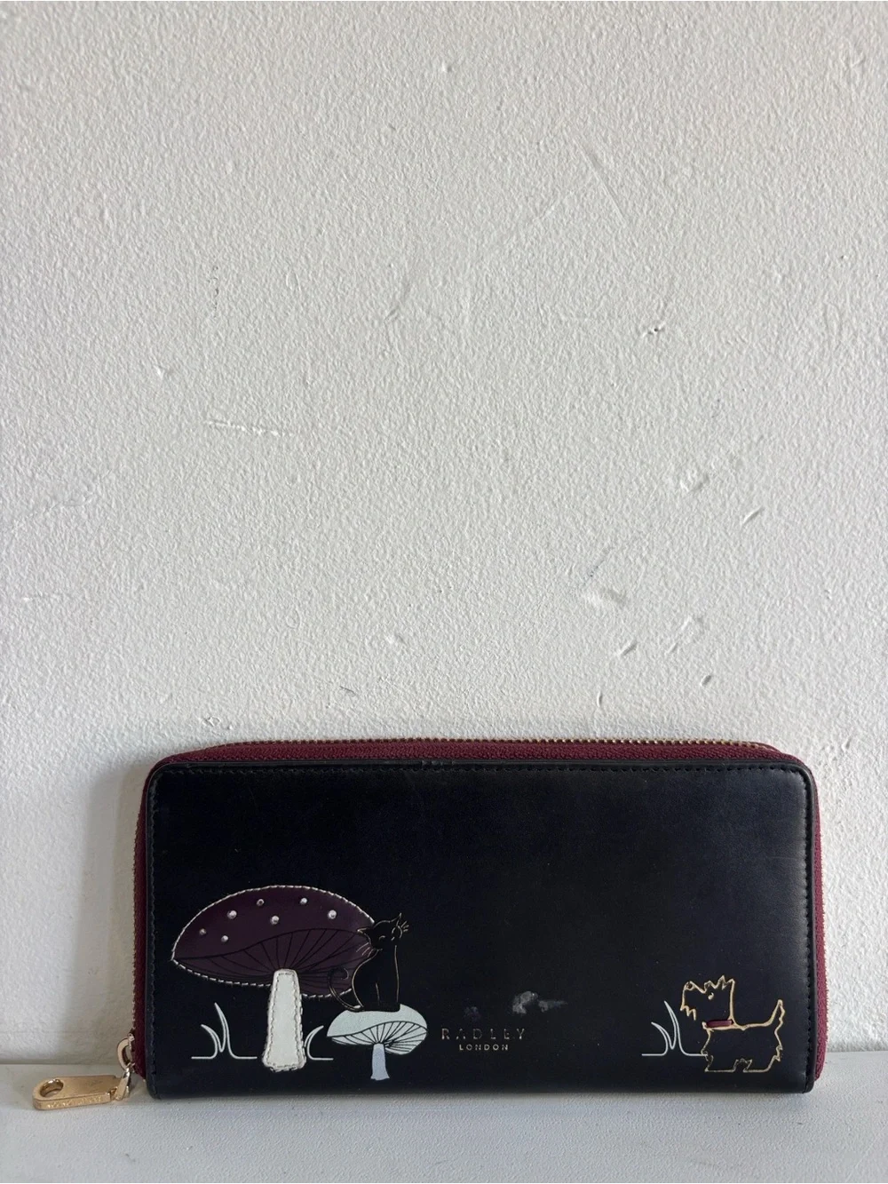 RADLEY LONDON Black & Burgundy Zip-Around Wallet with Mushroom and Dog Motif